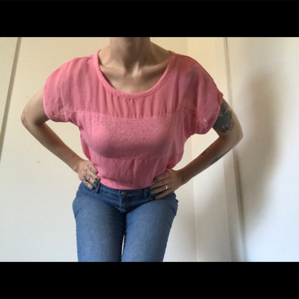 Forever 21 Barbie Pink Sheer/Solid Panel Short Sleeve Tee - Picture 8 of 15